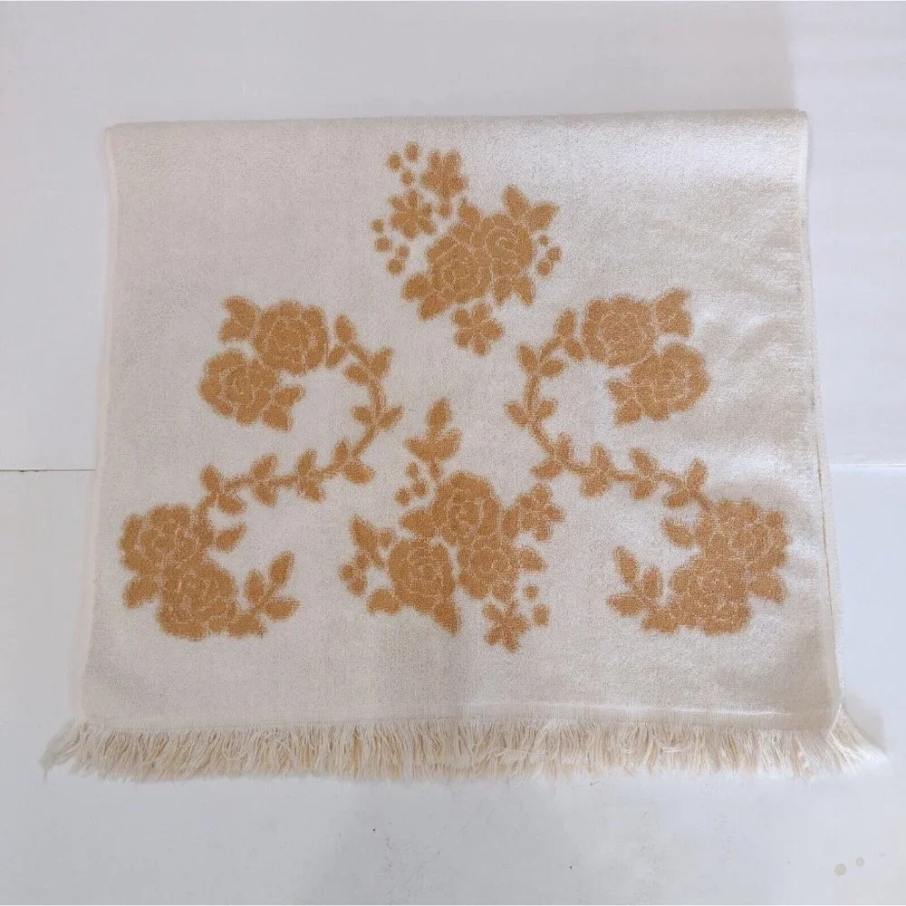 Vintage 70s Cannon Monticello Sculpted Floral Gold White Towel Retro 22 X 40
